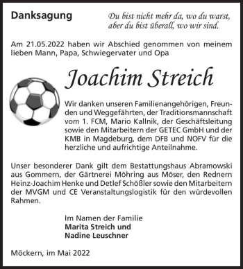 Traueranzeige von Joachim Streich  von Magdeburger Volksstimme