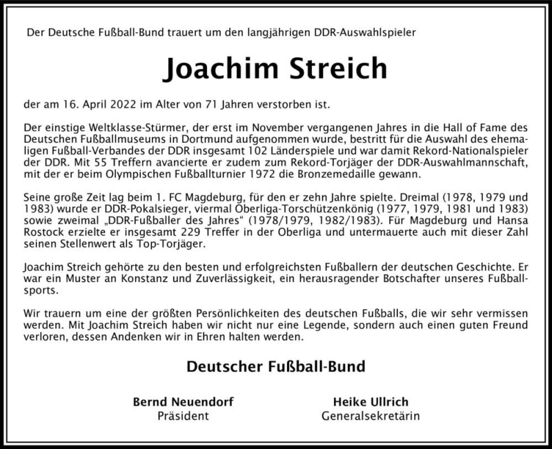  Traueranzeige für Joachim Streich  vom 23.04.2022 aus Magdeburger Volksstimme