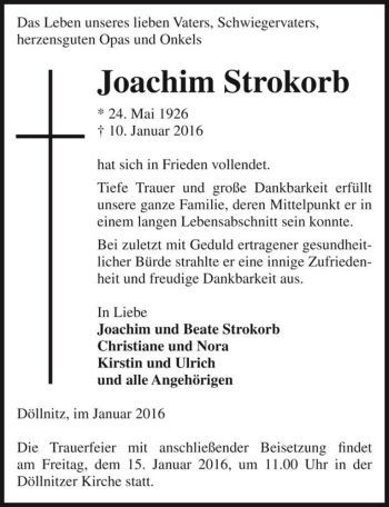 Traueranzeige von Joachim Strokorb  von Magdeburger Volksstimme