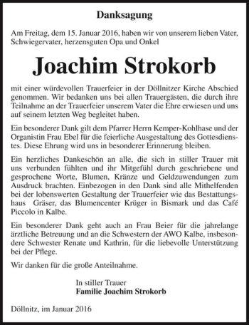 Traueranzeige von Joachim Strokorb  von Magdeburger Volksstimme