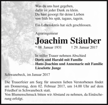 Traueranzeige von Joachim Stäuber  von Magdeburger Volksstimme