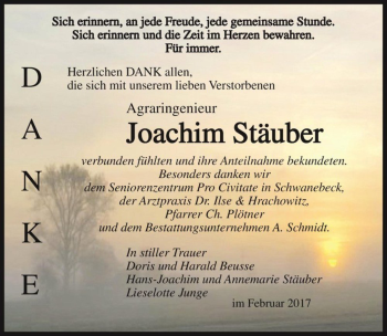 Traueranzeige von Joachim Stäuber  von Magdeburger Volksstimme