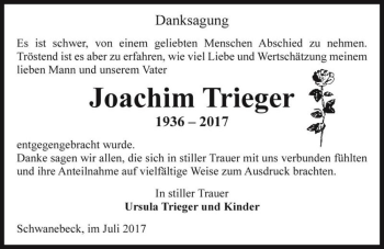 Traueranzeige von Joachim Trieger  von Magdeburger Volksstimme