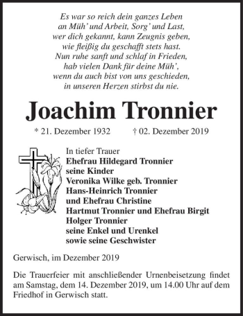 Traueranzeige von Joachim Tronnier  von Magdeburger Volksstimme