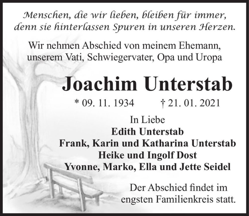  Traueranzeige für Joachim Unterstab  vom 06.02.2021 aus Magdeburger Volksstimme