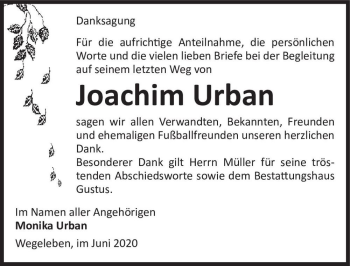 Traueranzeige von Joachim Urban  von Magdeburger Volksstimme