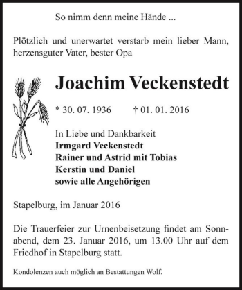 Traueranzeige von Joachim Veckenstedt  von Magdeburger Volksstimme