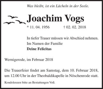 Traueranzeige von Joachim Vogs  von Magdeburger Volksstimme