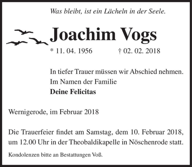  Traueranzeige für Joachim Vogs  vom 06.02.2018 aus Magdeburger Volksstimme