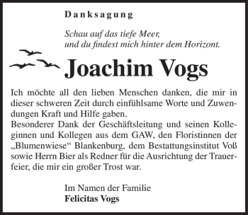 Traueranzeige von Joachim Vogs  von Magdeburger Volksstimme