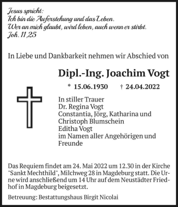 Traueranzeige von Joachim Vogt  von Magdeburger Volksstimme