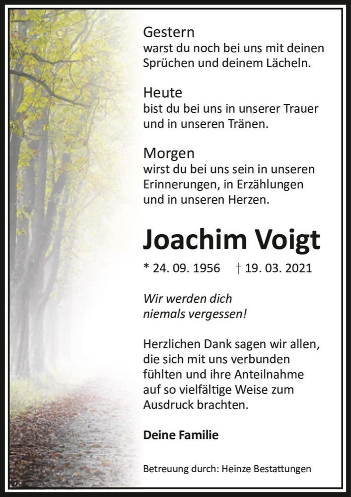  Traueranzeige für Joachim Voigt  vom 10.04.2021 aus Magdeburger Volksstimme