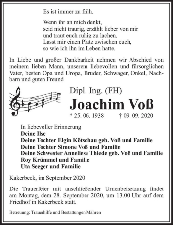Traueranzeige von Joachim Voß  von Magdeburger Volksstimme