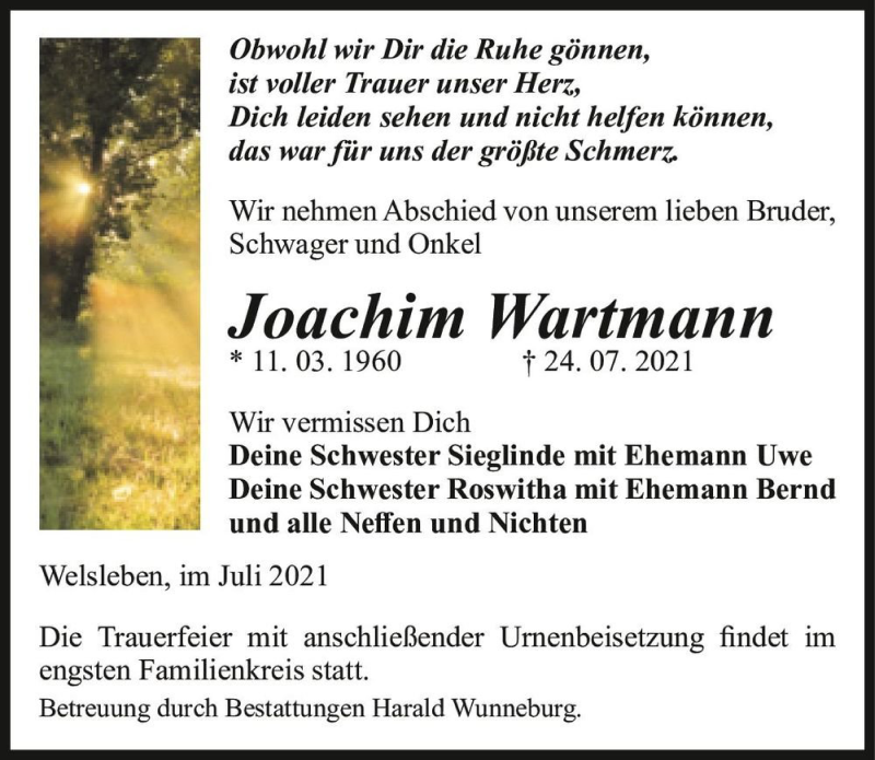  Traueranzeige für Joachim Wartmann  vom 31.07.2021 aus Magdeburger Volksstimme