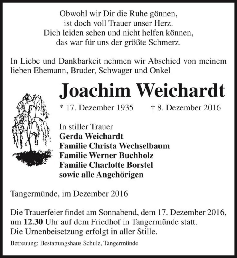  Traueranzeige für Joachim Weichardt  vom 13.12.2016 aus Magdeburger Volksstimme