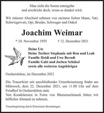 Traueranzeige von Joachim Weimar  von Magdeburger Volksstimme