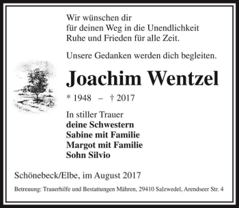 Traueranzeige von Joachim Wentzel  von Magdeburger Volksstimme