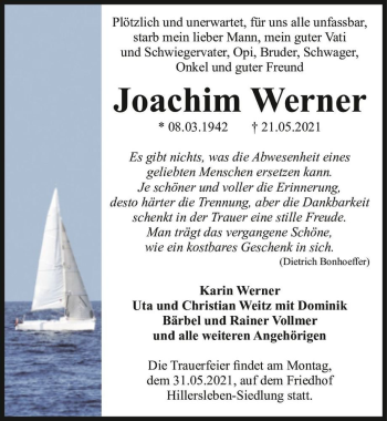 Traueranzeige von Joachim Werner  von Magdeburger Volksstimme