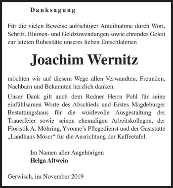 Traueranzeige von Joachim Wernitz  von Magdeburger Volksstimme