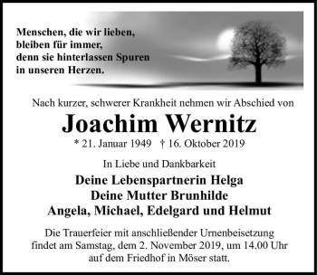 Traueranzeige von Joachim Wernitz  von Magdeburger Volksstimme