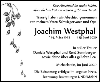 Traueranzeige von Joachim Westphal  von Magdeburger Volksstimme