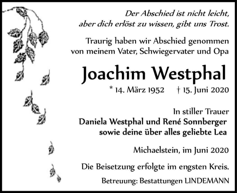  Traueranzeige für Joachim Westphal  vom 27.06.2020 aus Magdeburger Volksstimme