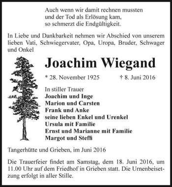 Traueranzeige von Joachim Wiegand  von Magdeburger Volksstimme