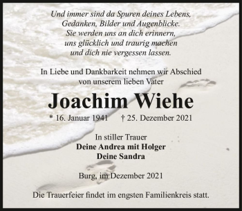 Traueranzeige von Joachim Wiehe  von Magdeburger Volksstimme
