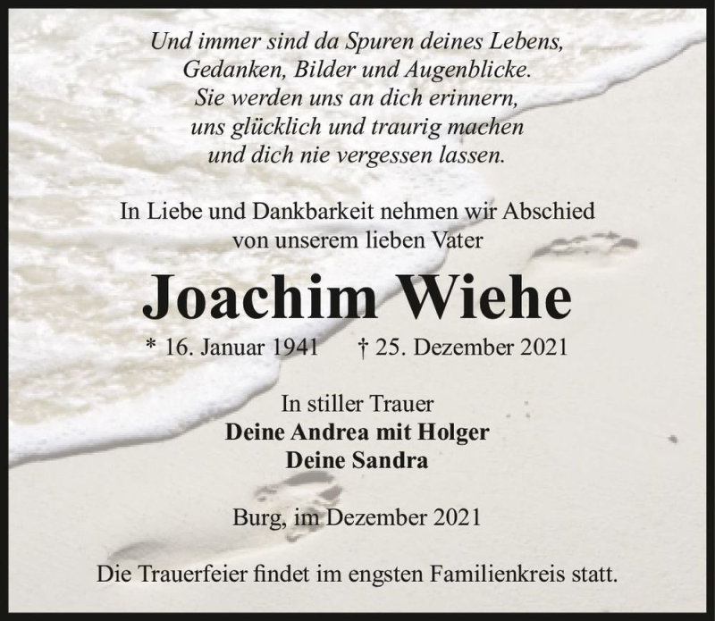 Traueranzeige für Joachim Wiehe  vom 30.12.2021 aus Magdeburger Volksstimme