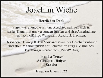 Traueranzeige von Joachim Wiehe  von Magdeburger Volksstimme
