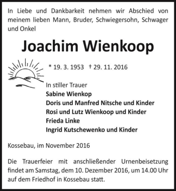 Traueranzeige von Joachim Wienkoop  von Magdeburger Volksstimme