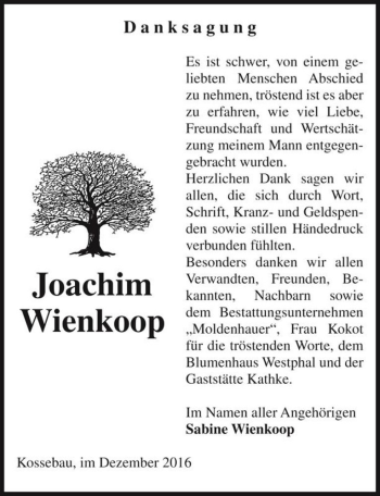 Traueranzeige von Joachim Wienkoop  von Magdeburger Volksstimme