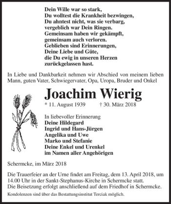Traueranzeige von Joachim Wierig  von Magdeburger Volksstimme