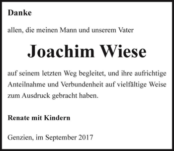 Traueranzeige von Joachim Wiese  von Magdeburger Volksstimme