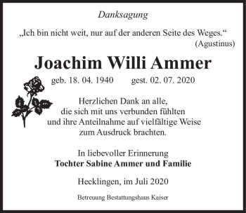 Traueranzeige von Joachim Willi Ammer  von Magdeburger Volksstimme