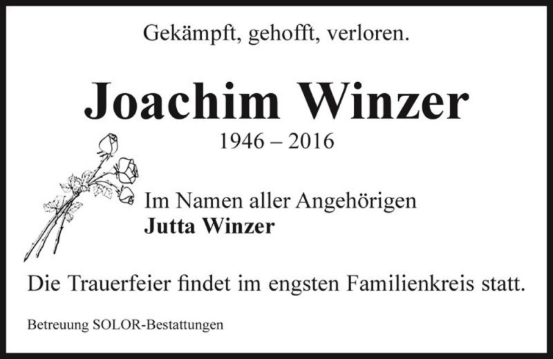  Traueranzeige für Joachim Winzer  vom 07.01.2017 aus Magdeburger Volksstimme
