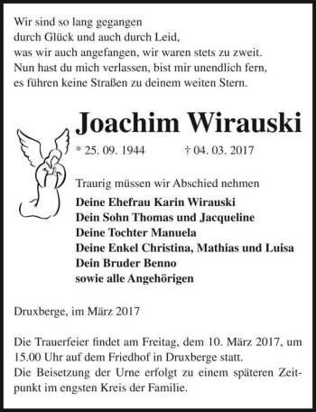 Traueranzeige von Joachim Wirauski  von Magdeburger Volksstimme