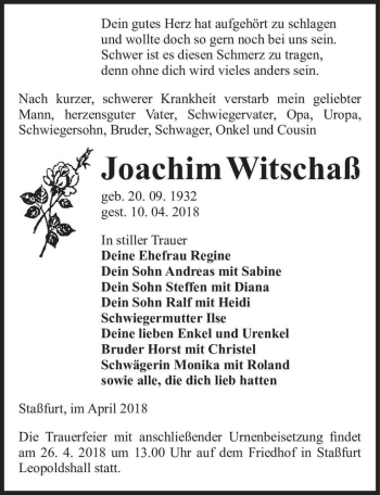 Traueranzeige von Joachim Witschaß  von Magdeburger Volksstimme