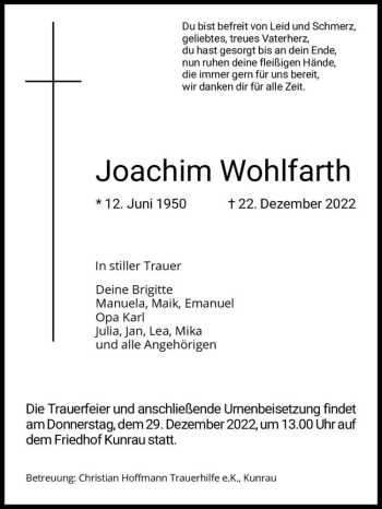 Traueranzeige von Joachim Wohlfarth  von Magdeburger Volksstimme