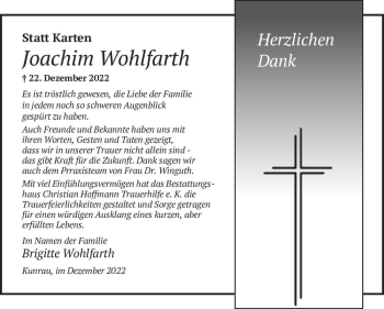 Traueranzeige von Joachim Wohlfarth  von Magdeburger Volksstimme
