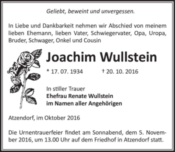Traueranzeige von Joachim Wullstein  von Magdeburger Volksstimme
