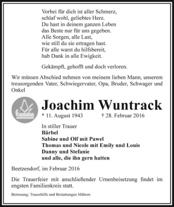 Traueranzeige von Joachim Wuntrack  von Magdeburger Volksstimme