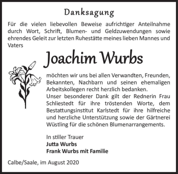 Traueranzeige von Joachim Wurbs  von Magdeburger Volksstimme