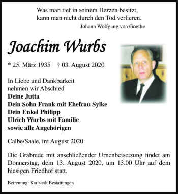 Traueranzeige von Joachim Wurbs  von Magdeburger Volksstimme