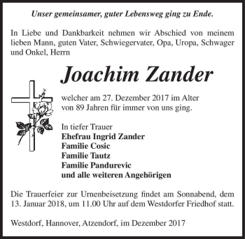 Traueranzeige von Joachim Zander  von Magdeburger Volksstimme