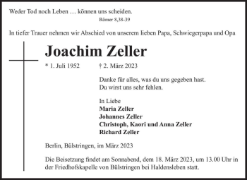 Traueranzeige von Joachim Zeller  von Magdeburger Volksstimme