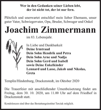 Traueranzeige von Joachim Zimmermann  von Magdeburger Volksstimme