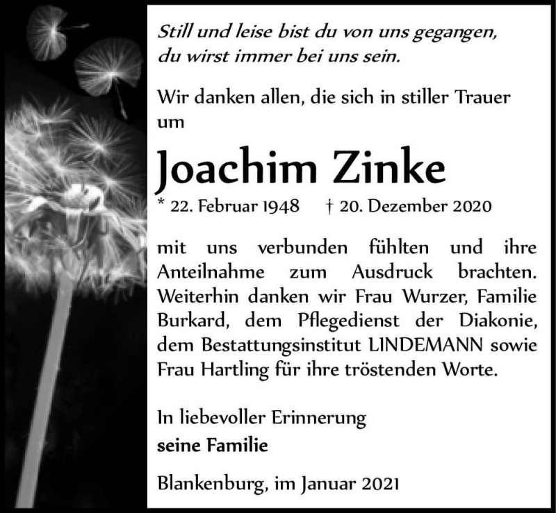  Traueranzeige für Joachim Zinke  vom 16.01.2021 aus Magdeburger Volksstimme