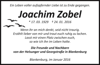 Traueranzeige von Joachim Zobel  von Magdeburger Volksstimme