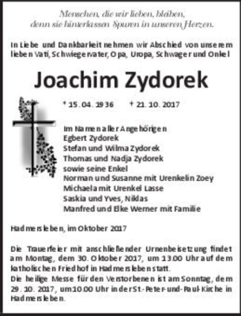 Traueranzeige von Joachim Zydorek  von Magdeburger Volksstimme